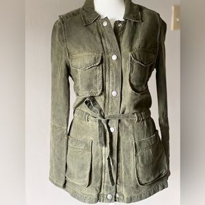 AG Carell Distressed Olive Green Linen Blend Utility Cargo Jacket NEW Size XS